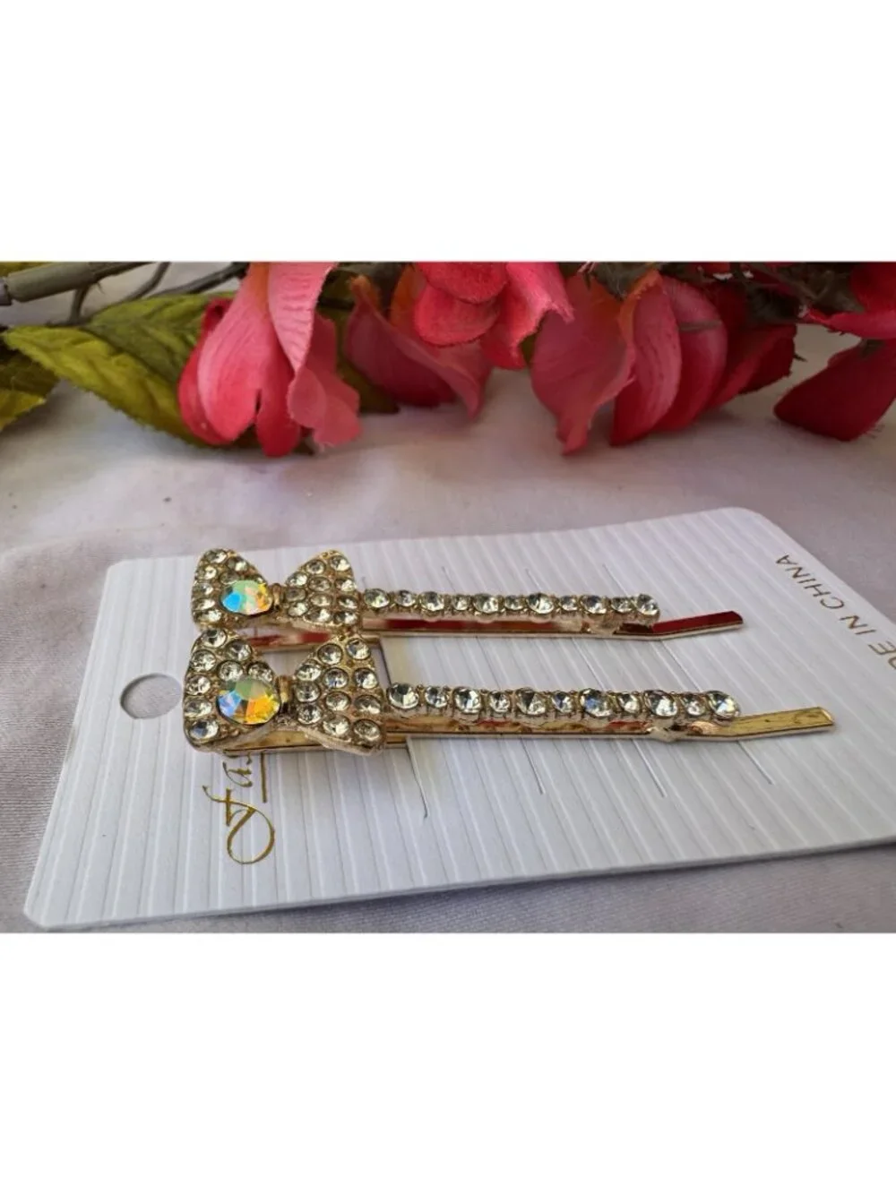 2 PC Set Hair Clips Pin Rhinestone Bow Bling Goldtone Crystal Rhinestone 2.5